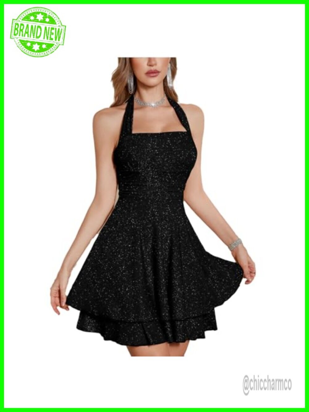 Sparkly Halter Dress Women's Sleeveless Sequin Party Cocktail Square Neck
